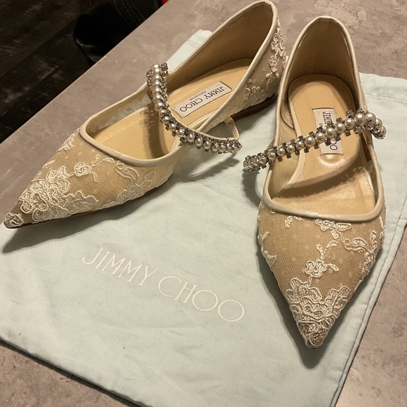 Jimmy Choo Shoes - Jimmy Choo Beige Embellished Flats